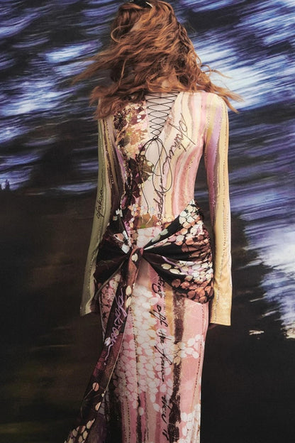 Lotus Print Fake Two-Piece Mermaid Dress