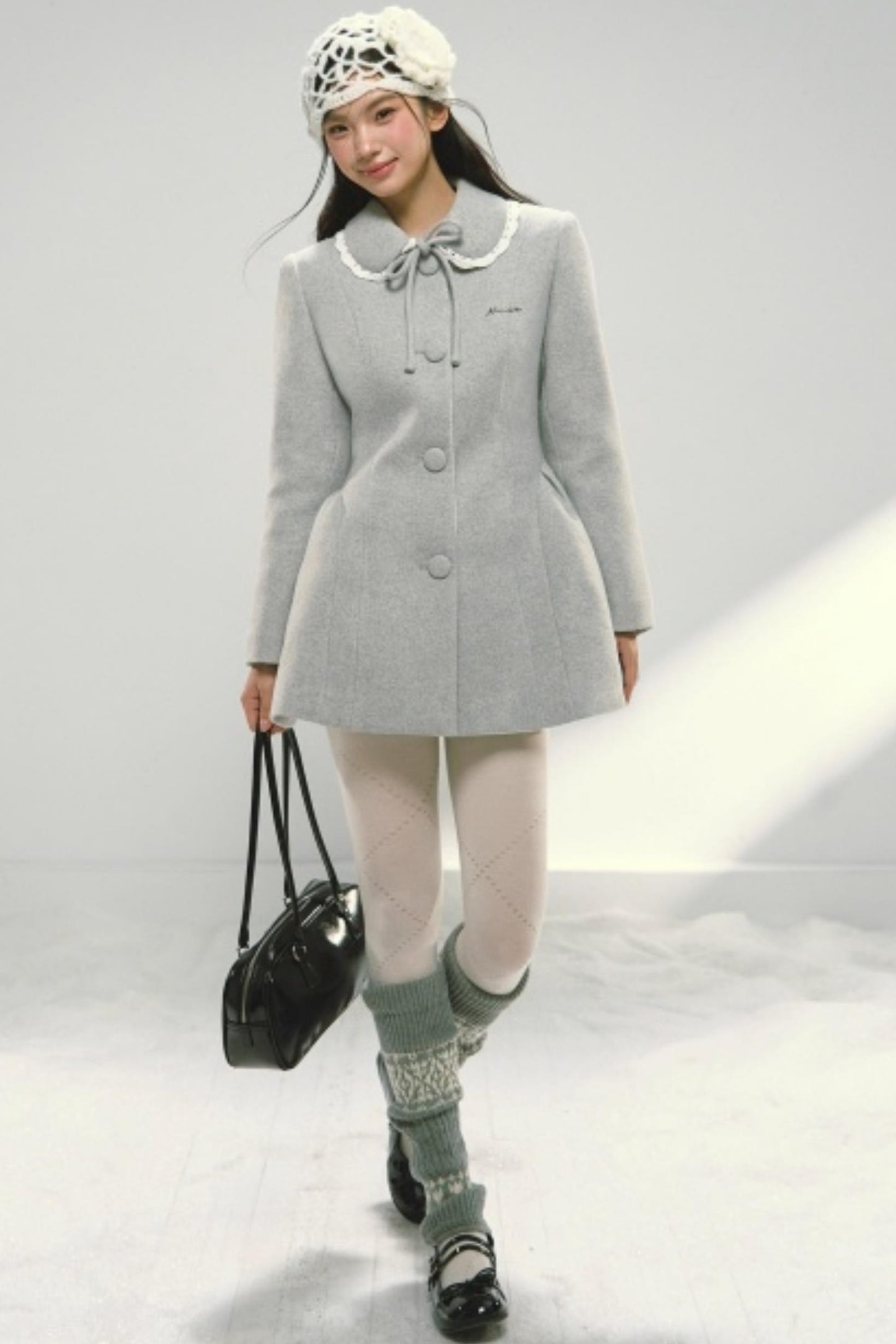 Light Gray Woolen Bow Coat