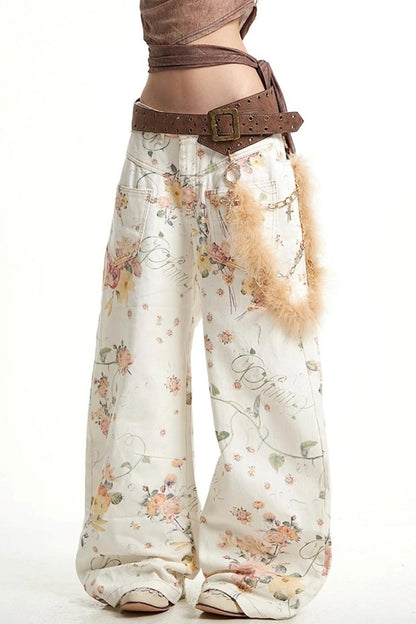 Vintage Floral Embroidery Wide-Leg Jeans