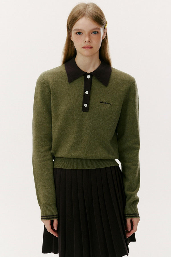 Wool Blend Knit Polo Sweater