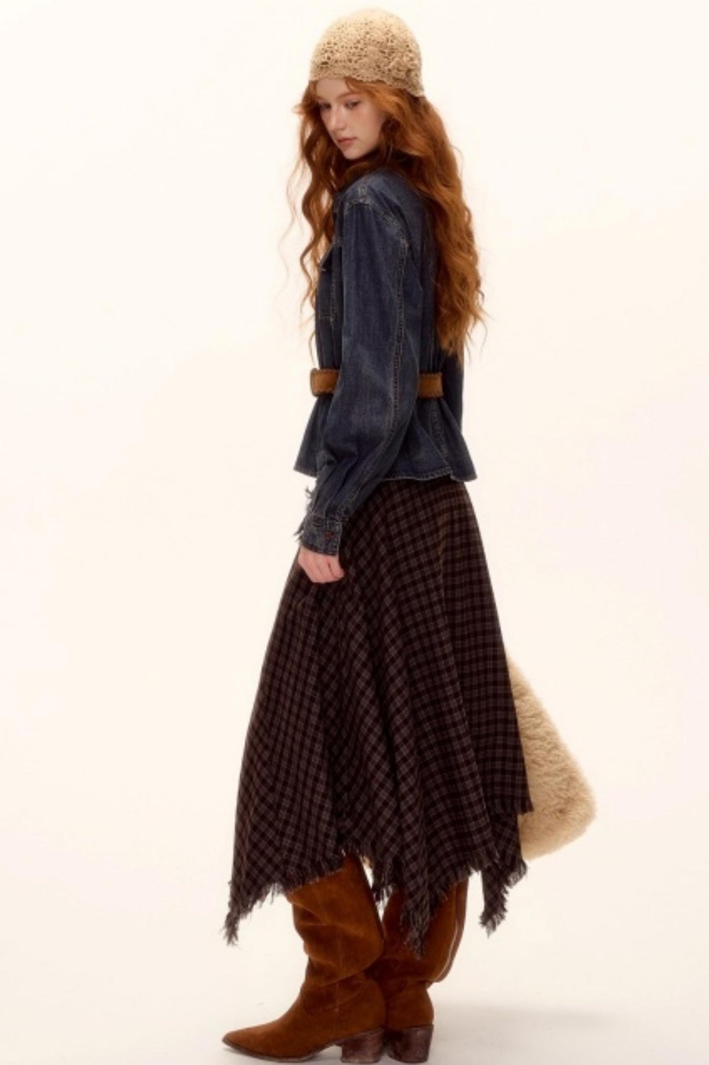 Frayed Hem Plaid Midi Skirt Belt Set