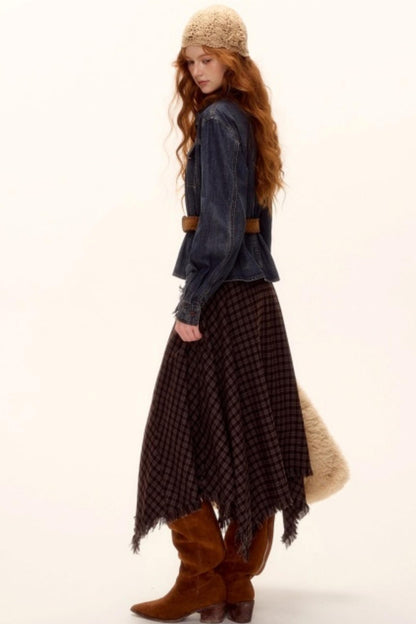 Frayed Hem Plaid Midi Skirt Belt Set
