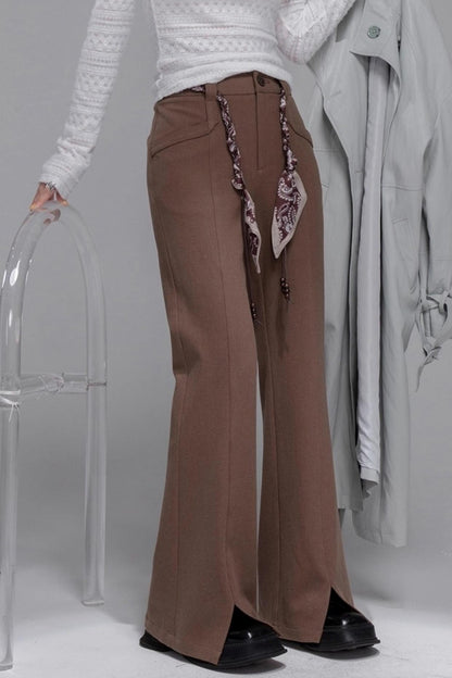 Silk Scarf Belt Split Bootcut Pants