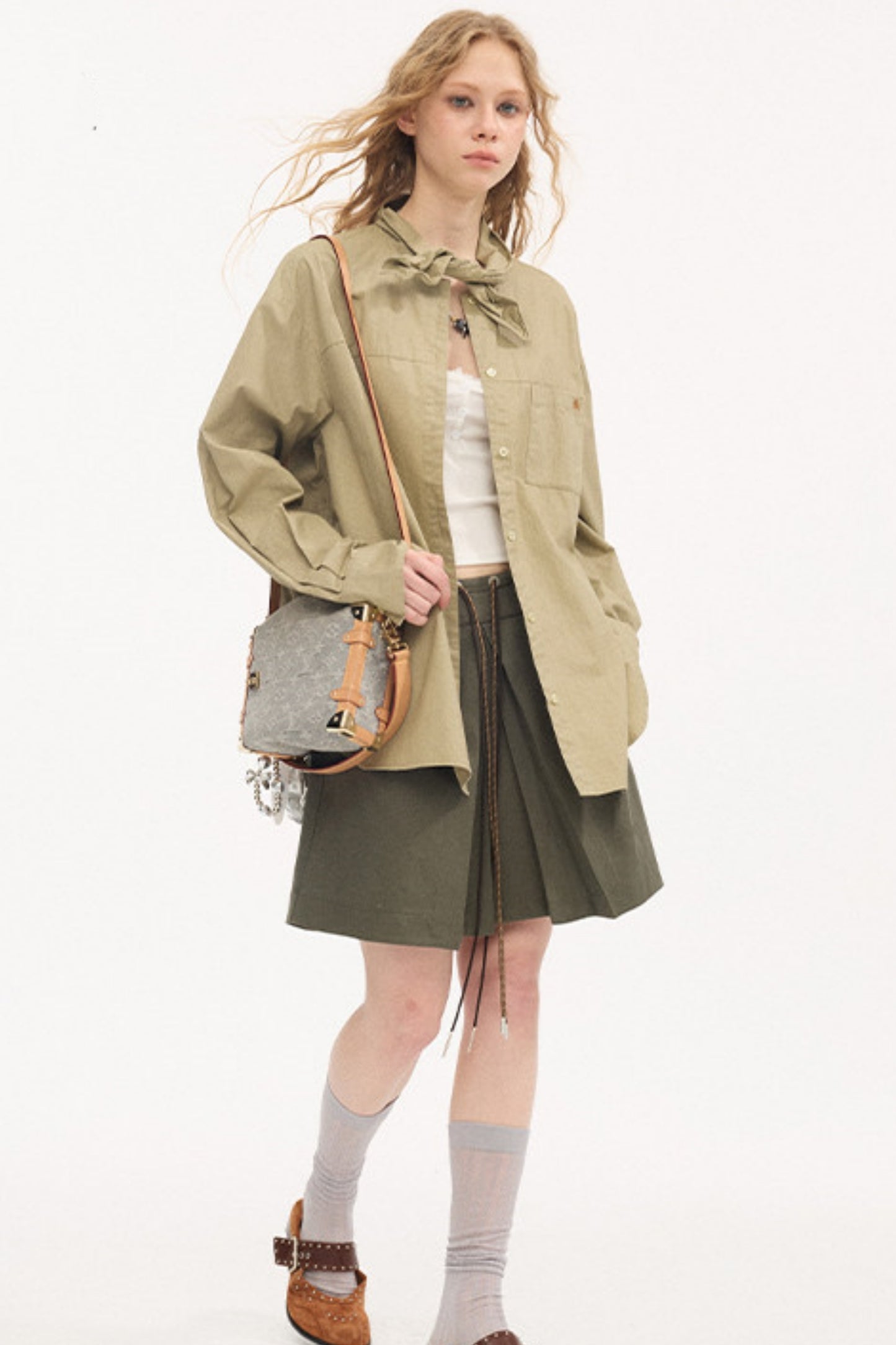 Color-Block Tie Pleated Skirt