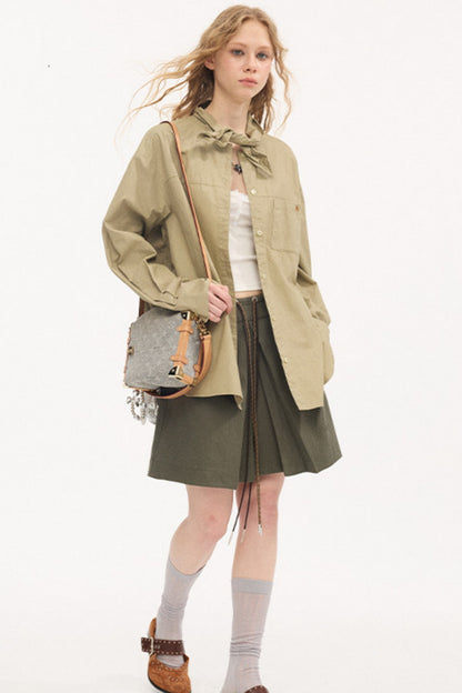 Color-Block Tie Pleated Skirt