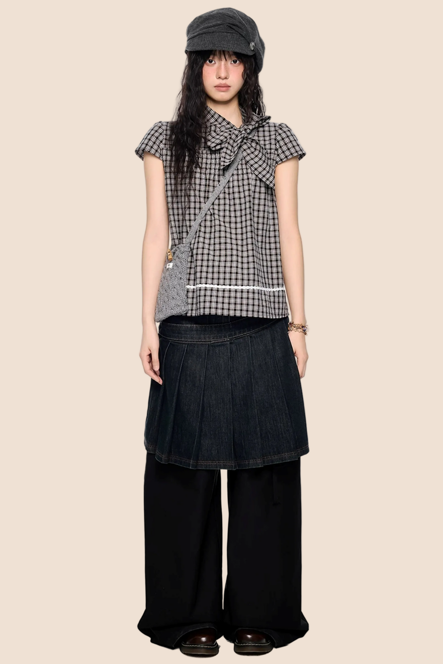Top color-block con fiocco a quadri
