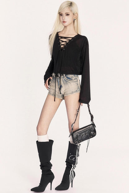 Autumn Lace-Up Knitted Cover-Up Top