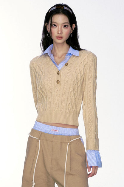 Retro V-Neck Spliced Twist Sweater