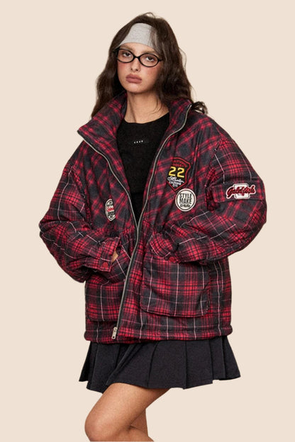 EZEK American Retro Stand Collar Red Plaid Cotton Jacket Baumwolljacke Women's Loose Lazy Thickened Cotton Jacket Breadwear Jacket