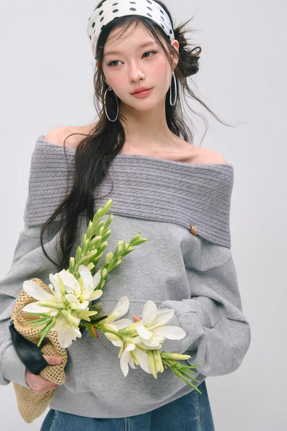 One-Line Collar Patchwork Sweater