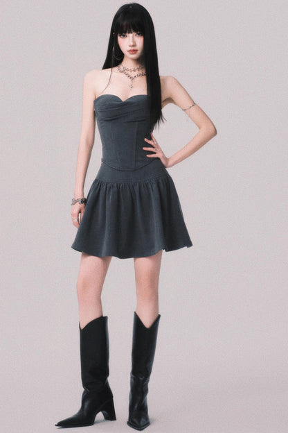 Gray Fishbone Waist Top Bustier Skirt Set-Up