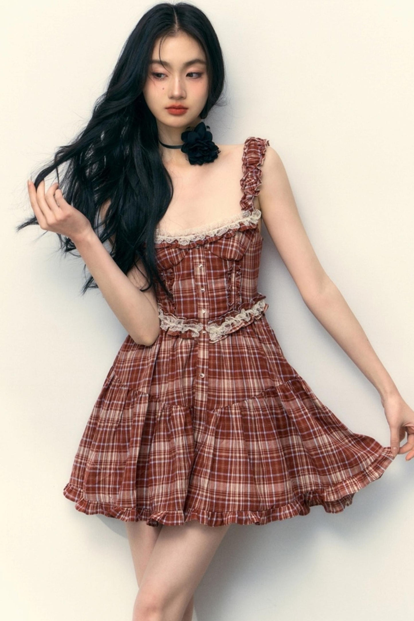 Pink Plaid Ruffle Lace Cami Dress