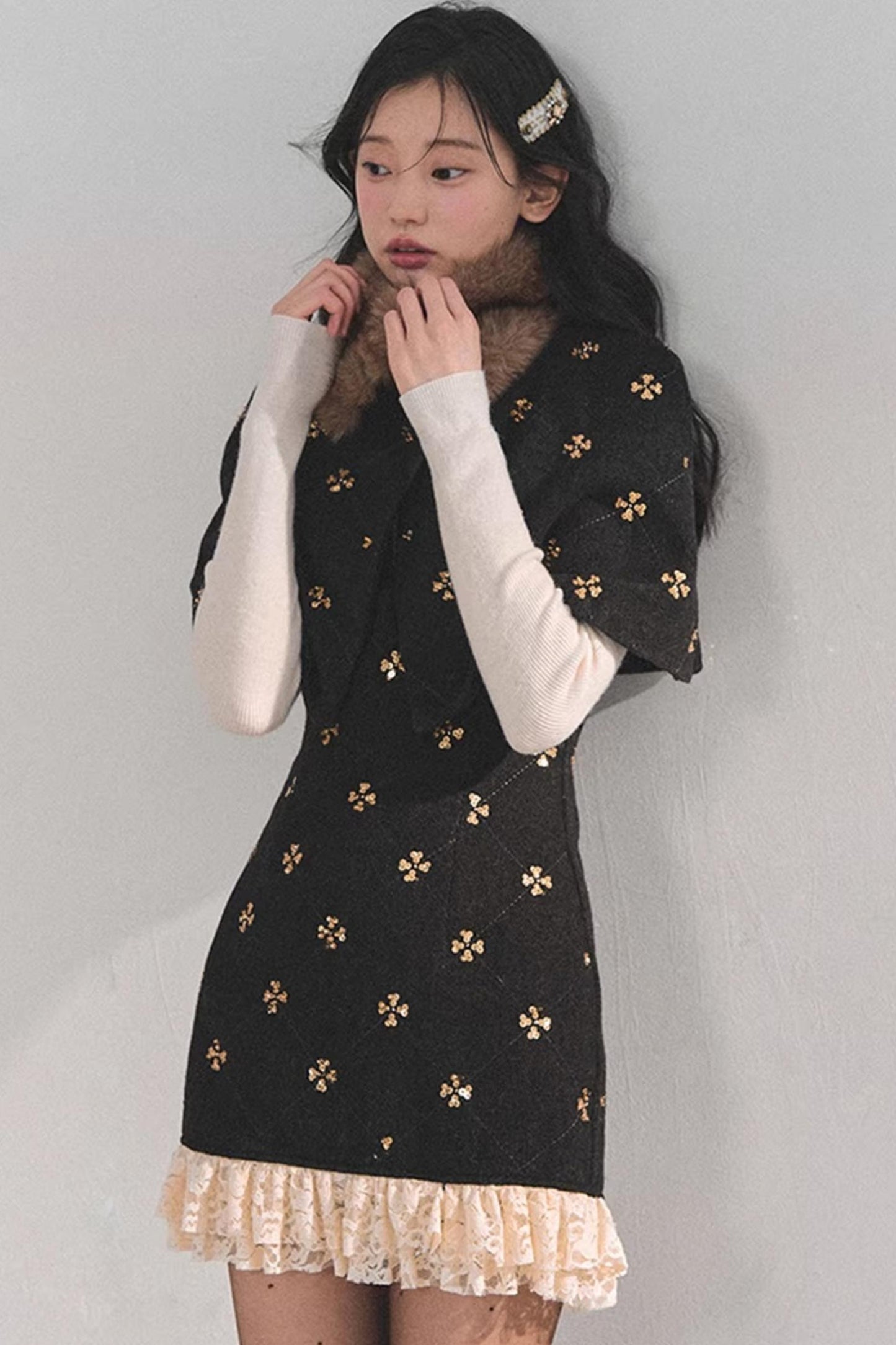 French Woolen Lace Dress Set-Up