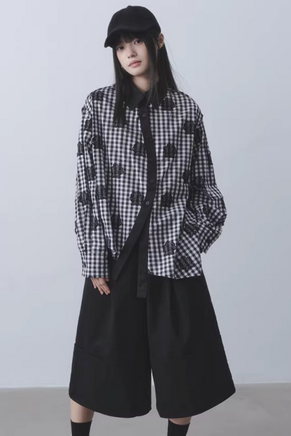 Checkered Rose Embroidery Shirt
