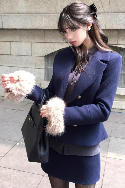 Navy Blue Velvet Wool Suit Set-Up