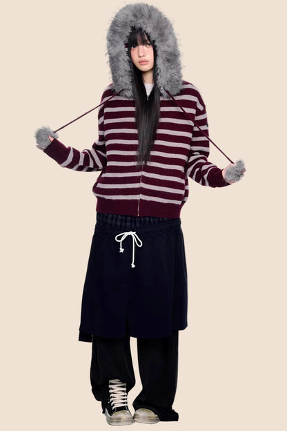 Fur Collar Striped Knit Cardigan