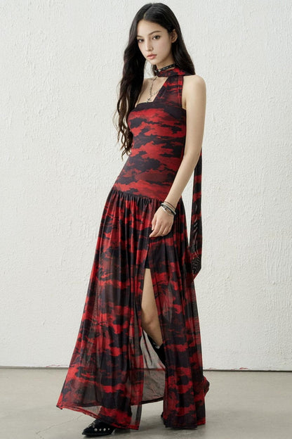 Black and Red Slit Strapless Dress