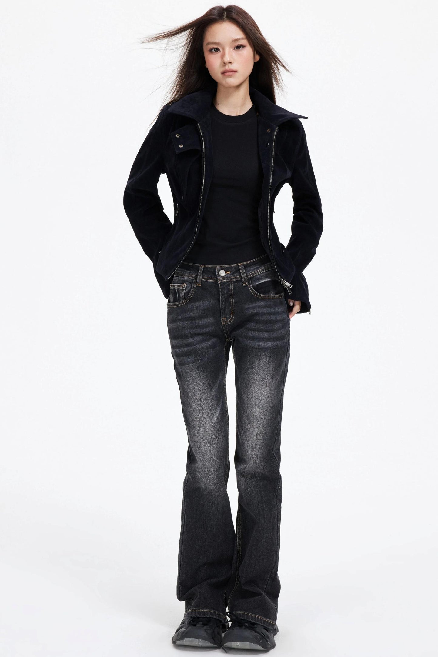 Slimming God Black Gray Denim Trousers