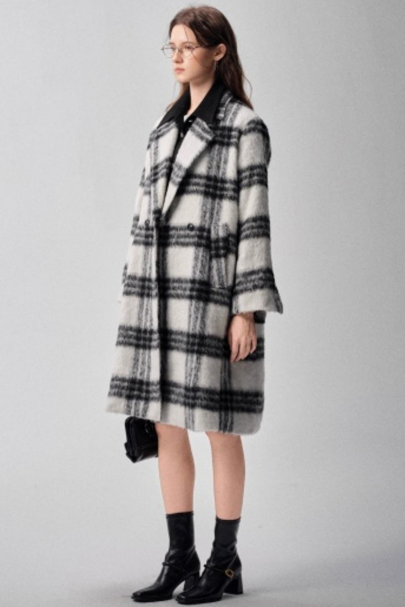 Black & White Plaid High-End Woolen Coat