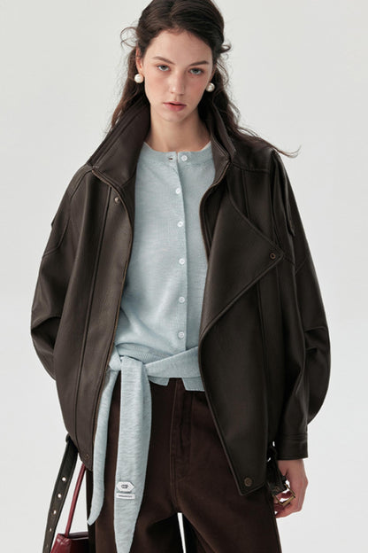 Lychee Pattern PU Leather Jacket