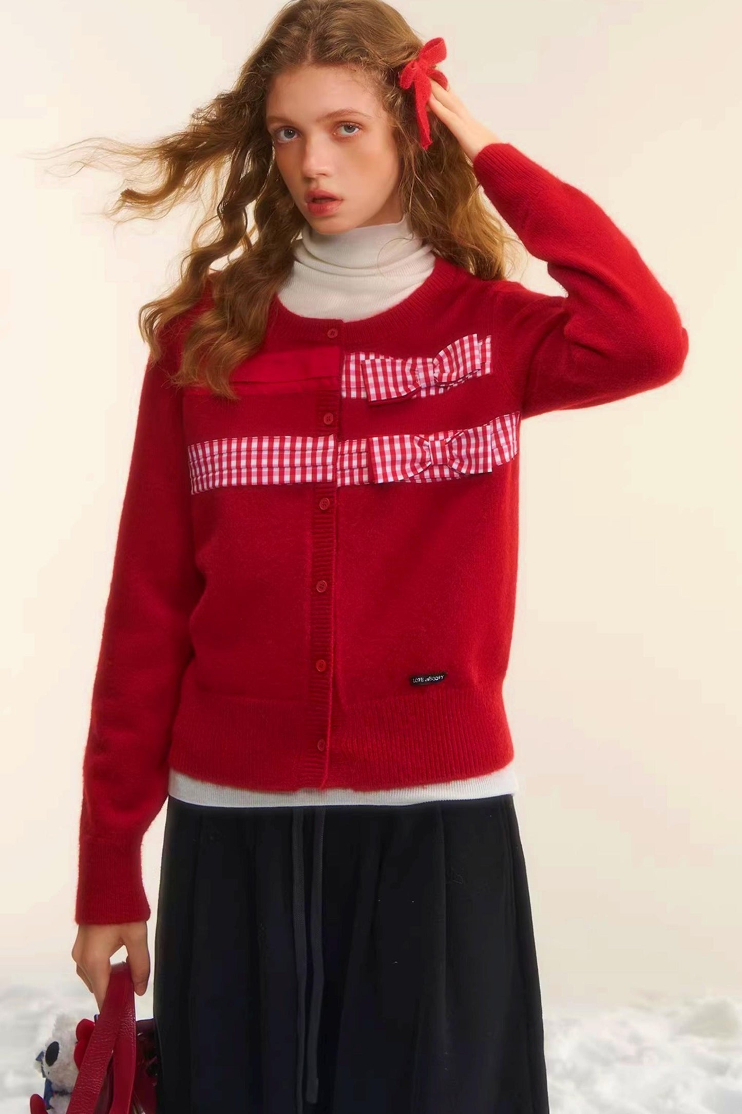 Plaid Patchwork Bow Cardigan