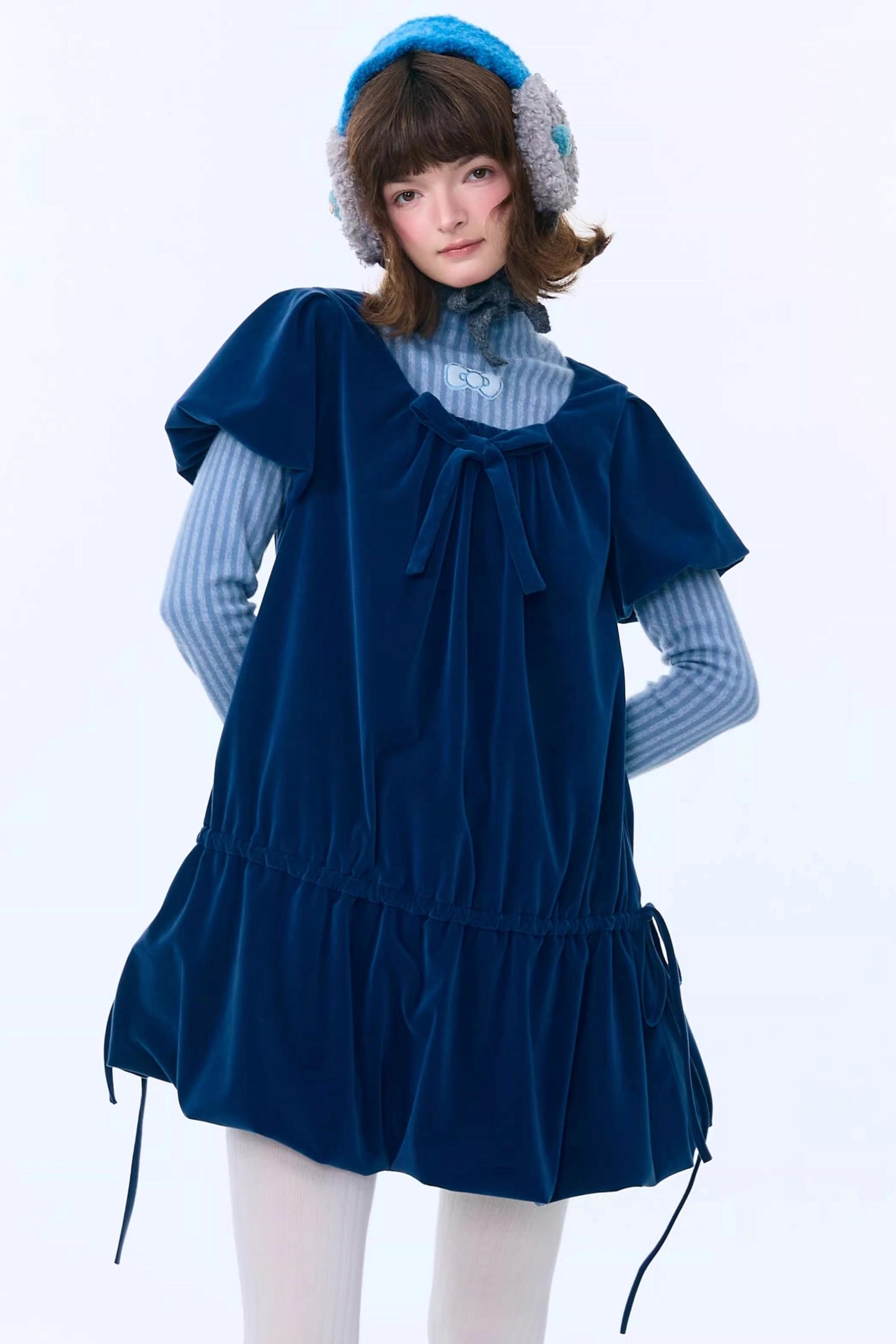 Deep Blue Velvet Bow Dress