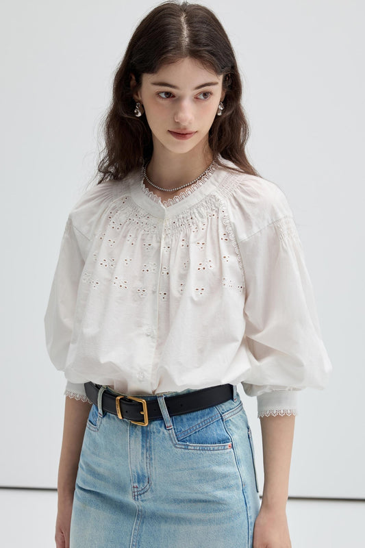 VEGA CHANG French Shirt Women's Pre-Fall 2024 Neue Nische Ausschnitt Bestickter Spitzenkragen Langarm Top