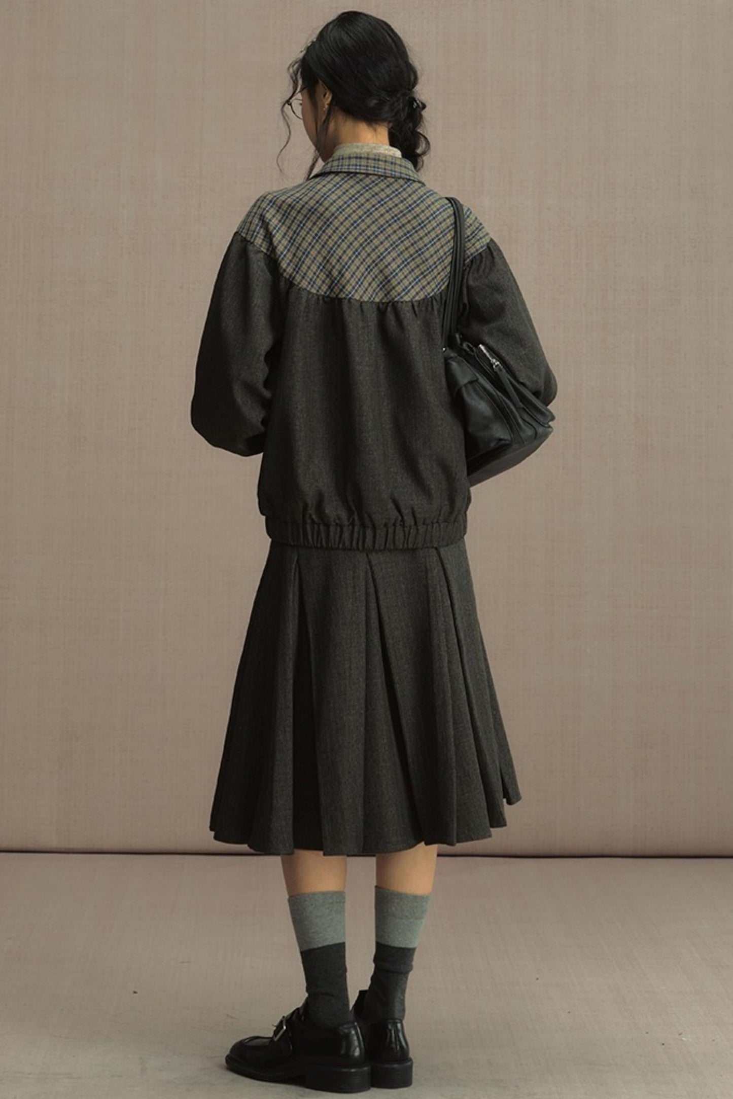 Retro Gray Plaid Cropped Jacket Set-Up