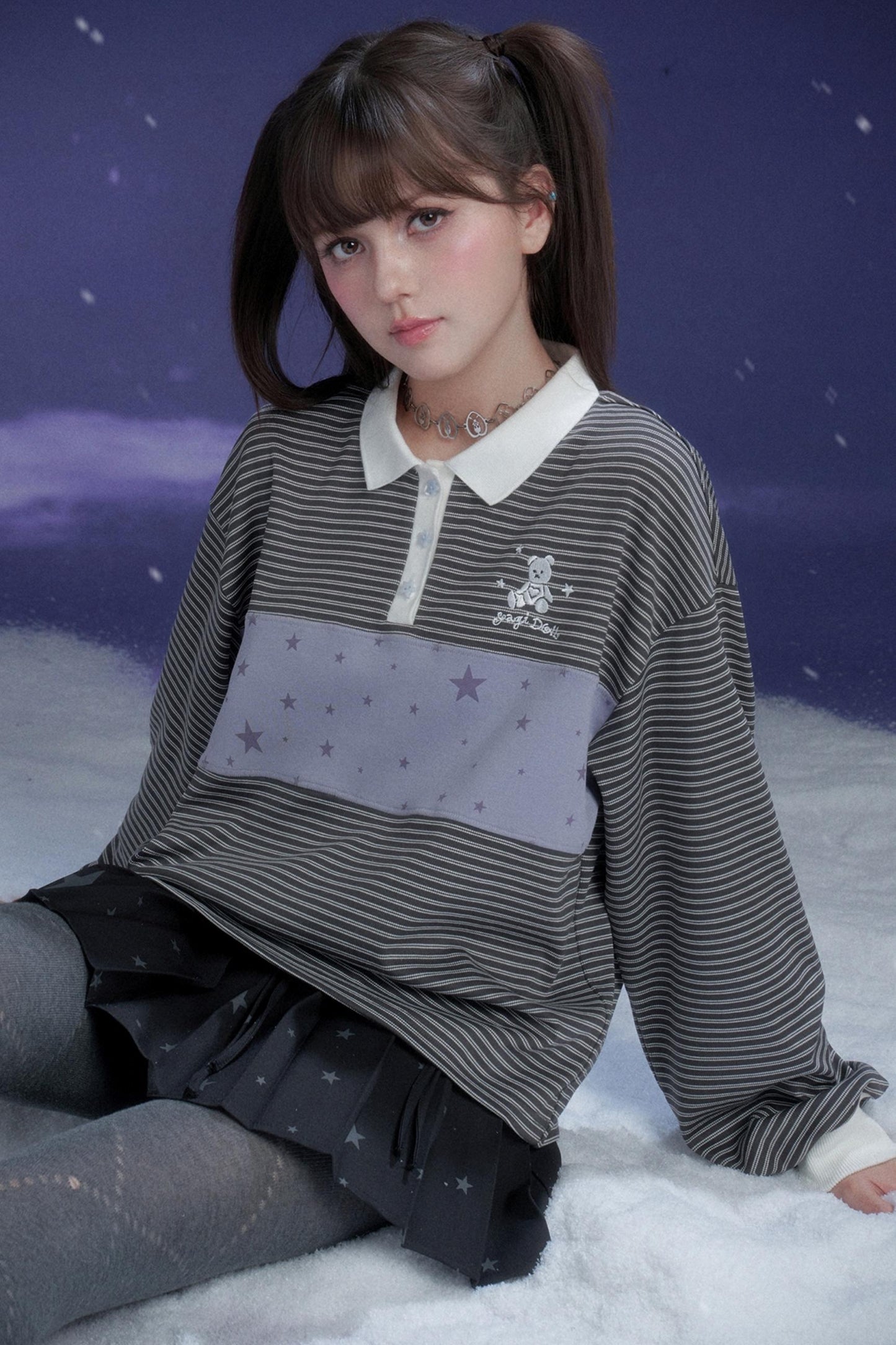 Energetic Gray-Purple Striped Polo Top