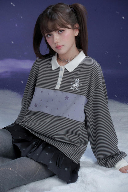 Energetic Gray-Purple Striped Polo Top