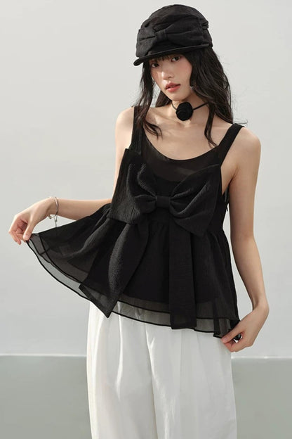 Black Organza Bowknot Blouse Set