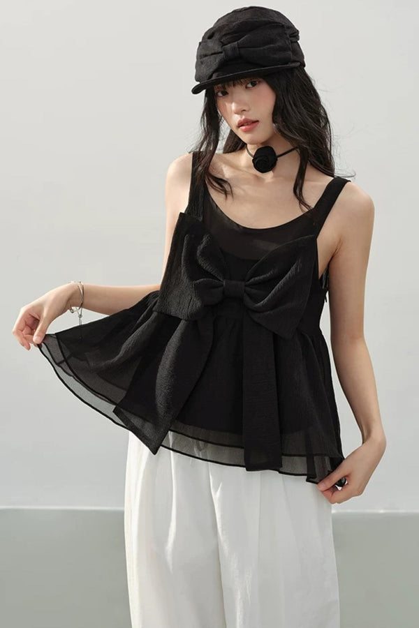 Black Organza Bowknot Blouse Set