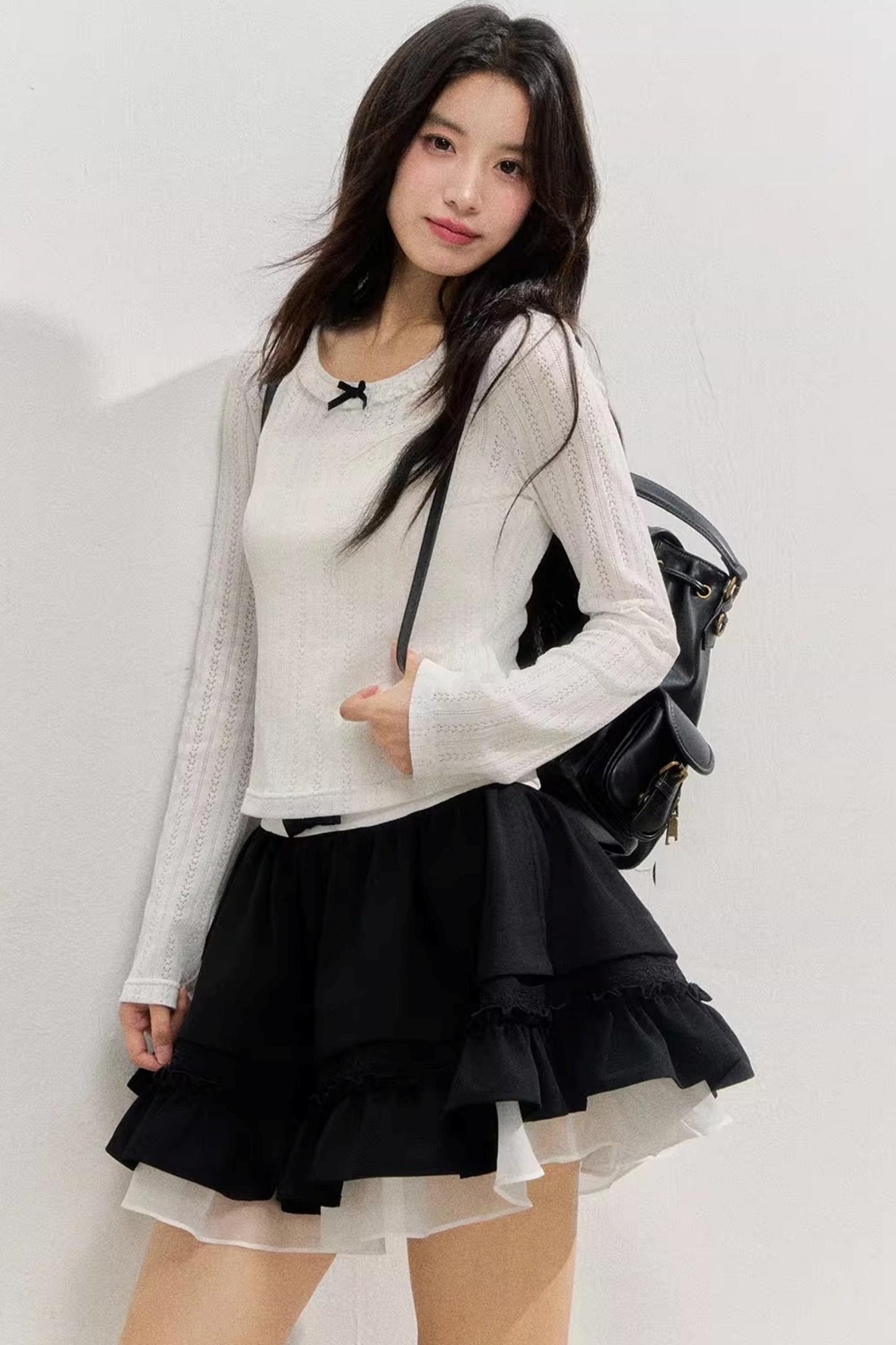 Texture Hollow Knit Long-Sleeved T-Shirt