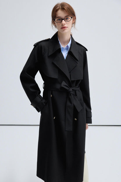 VEGA CHANG Schwarzer Trenchcoat Damen Frühling-Herbst 2024 Neue klassische doppelreihige lange Jacke im britischen Stil