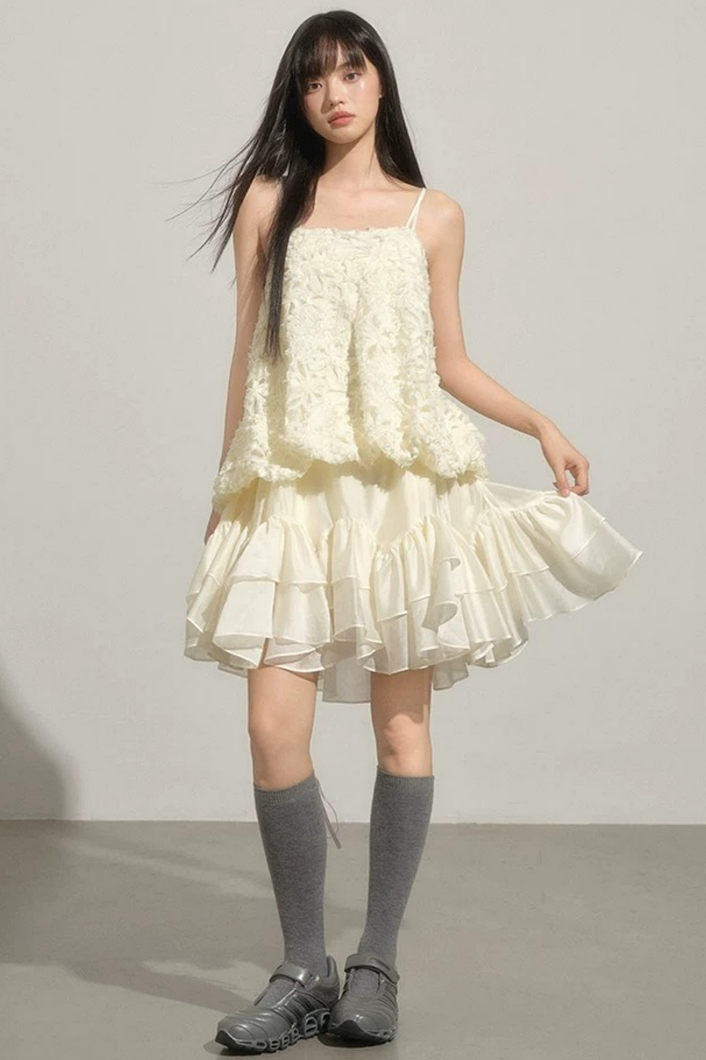 Layered Milk-White Floral Dress Set