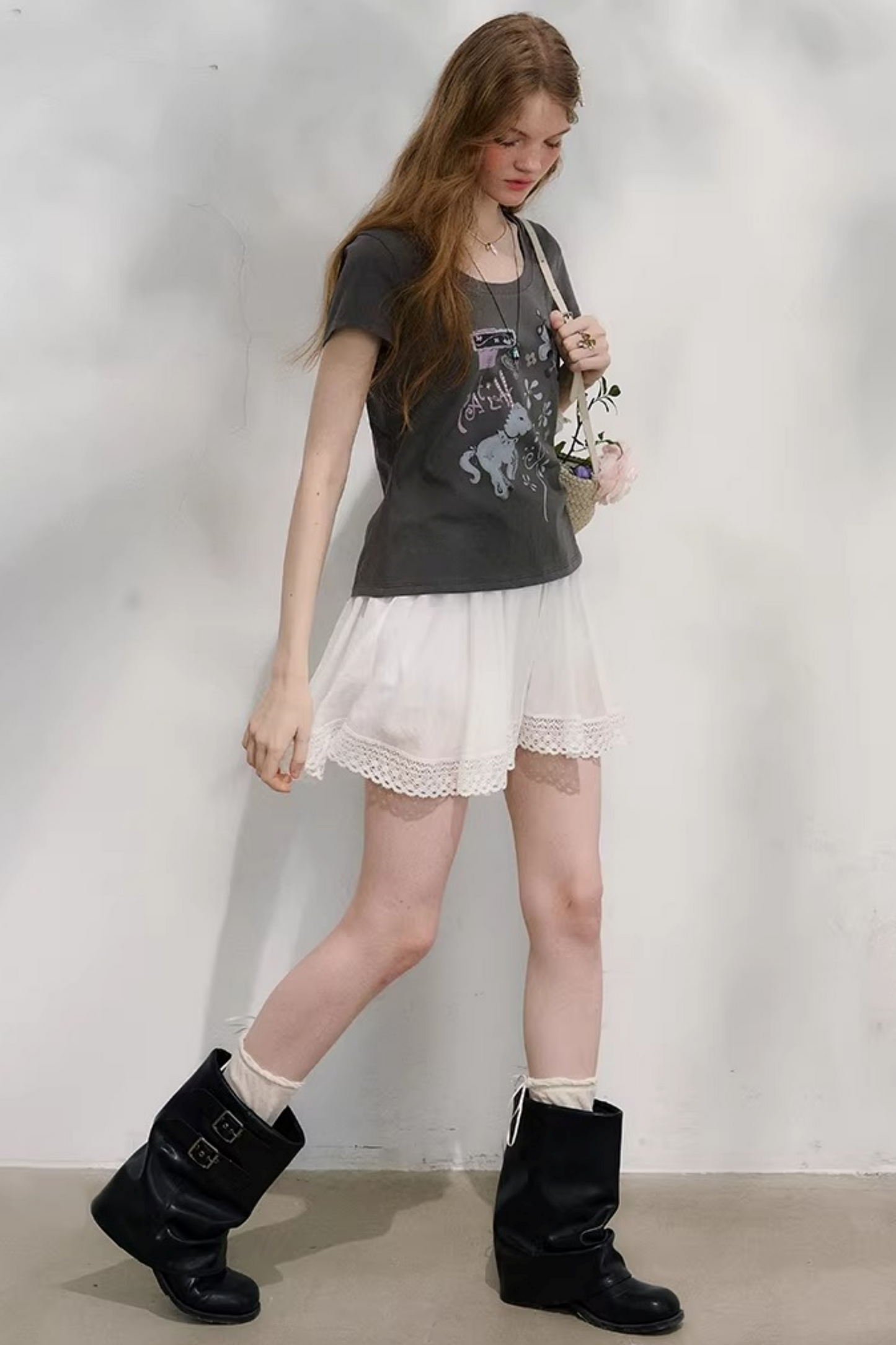 Plaid Lace Pleated Skirt