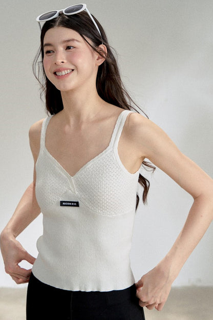 Textured White V-Neck Knitted Suspender Top