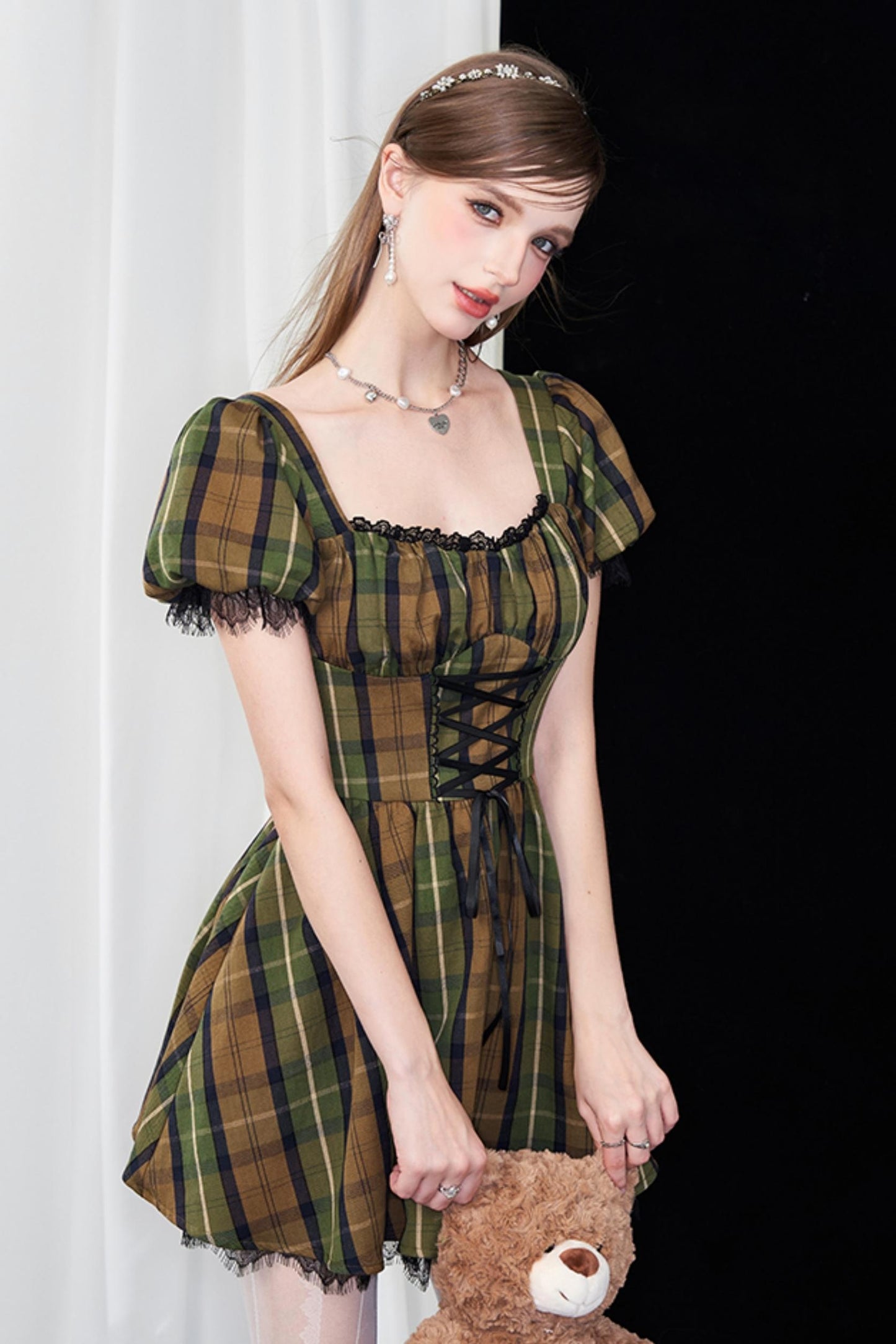 Greenfield Checkered Puff Sleeve Dress