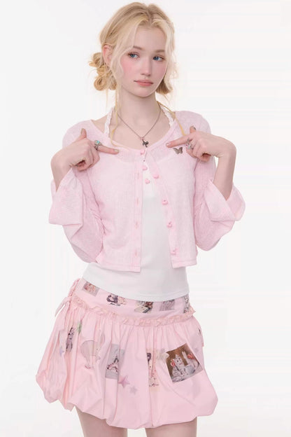 Bell-Sleeved Pink Knitted Cardigan