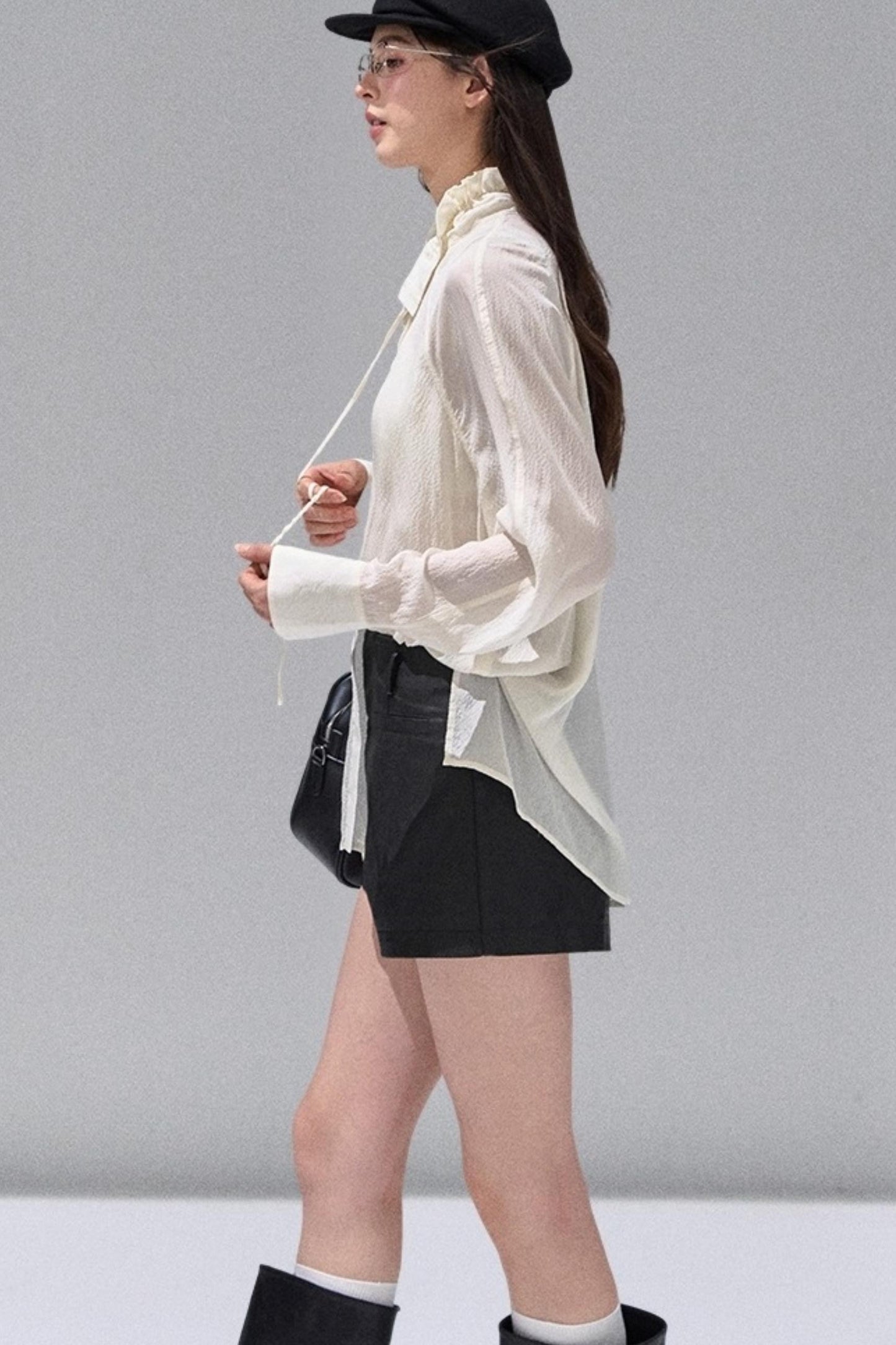 Fungus Edge Collar Drawstring Lace-up Shirt