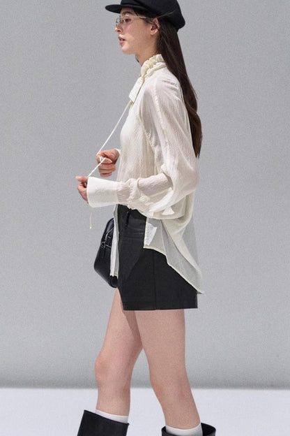 Fungus Edge Collar Drawstring Lace-up Shirt