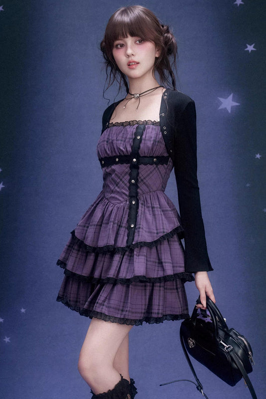 Grape Purple Plaid Strapless Dress Set-Up