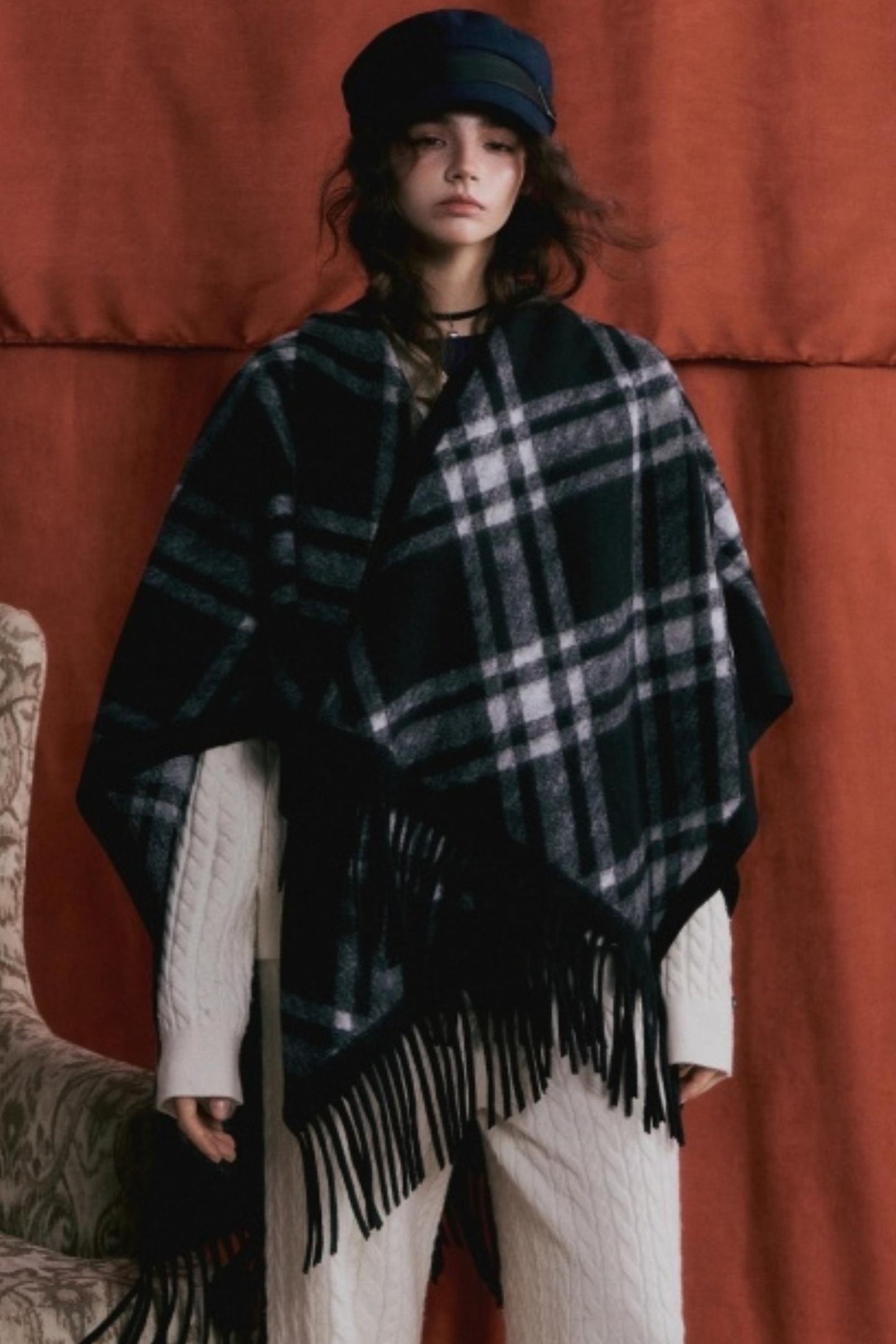 Retro Plaid Tassel Cape Shawl