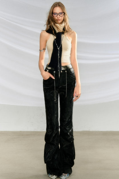 Glossy Leather Pleated Flared Pants