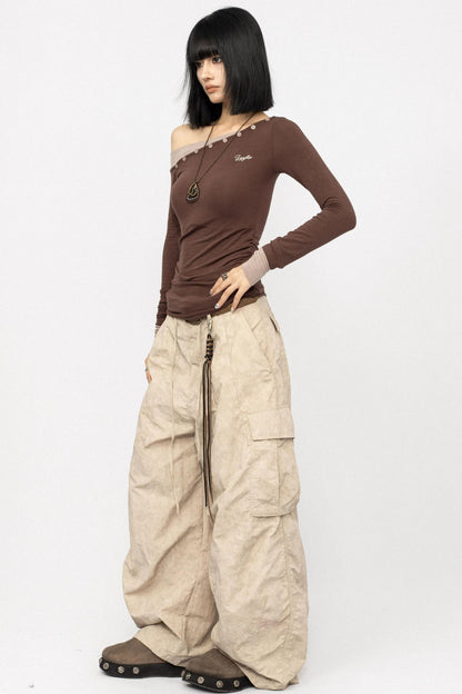 Slanted Shoulder Long Sleeve Slim Top