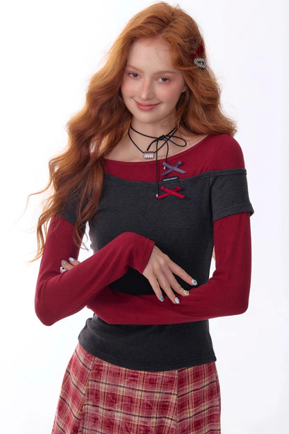 Retro Design Bow Top Long Sleeve T-Shirt