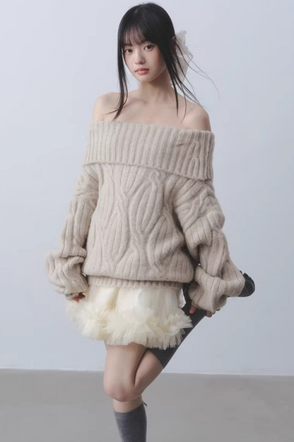 Off-Shoulder Camel Knit Sweater