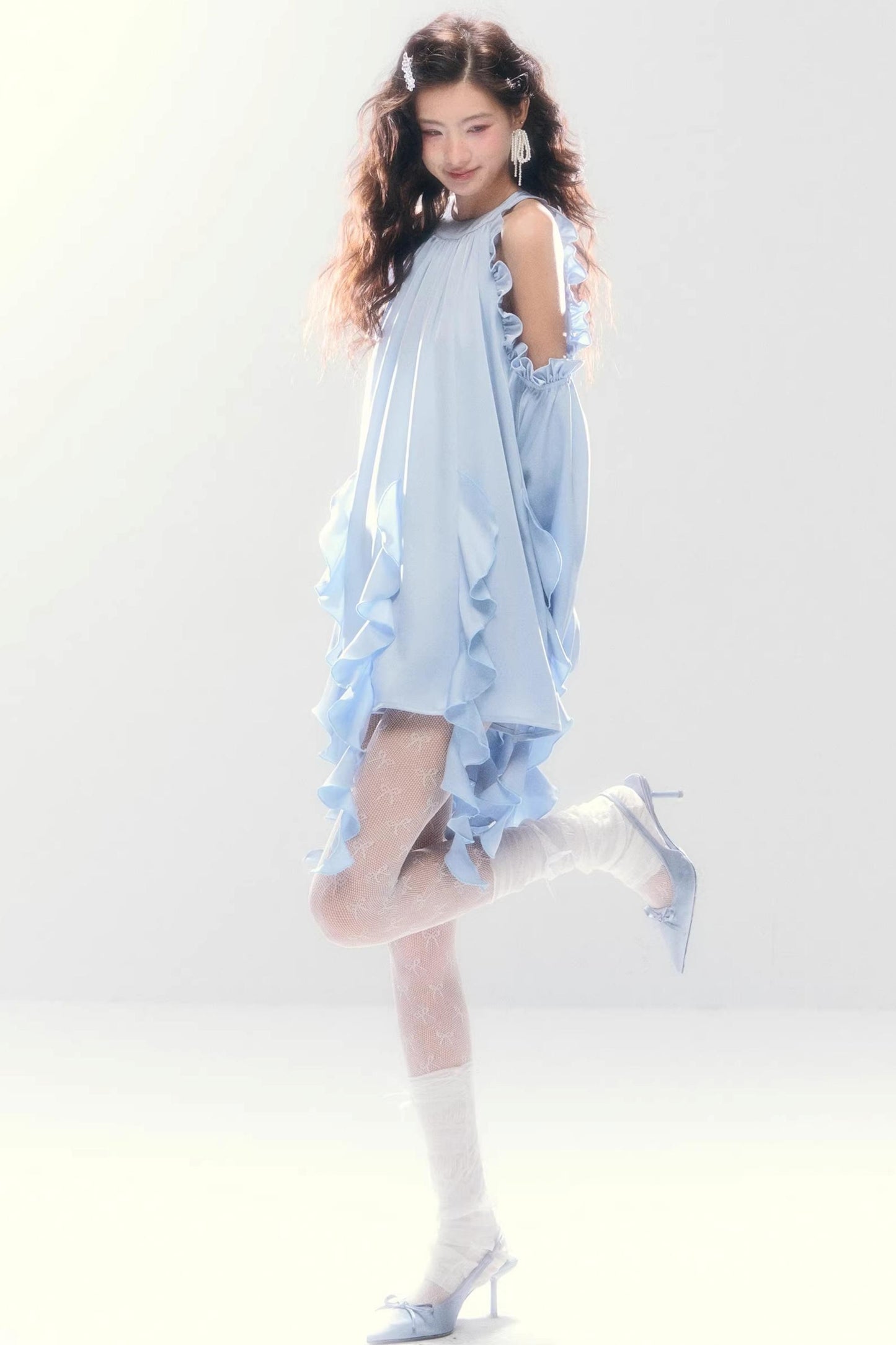 Satin Ruffled Off-Shoulder Dress