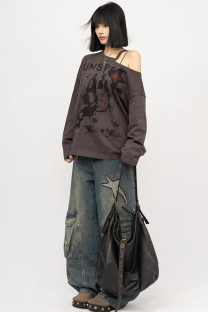 Vintage Distressed Star Embroidered Wide-Leg Cargo Pants