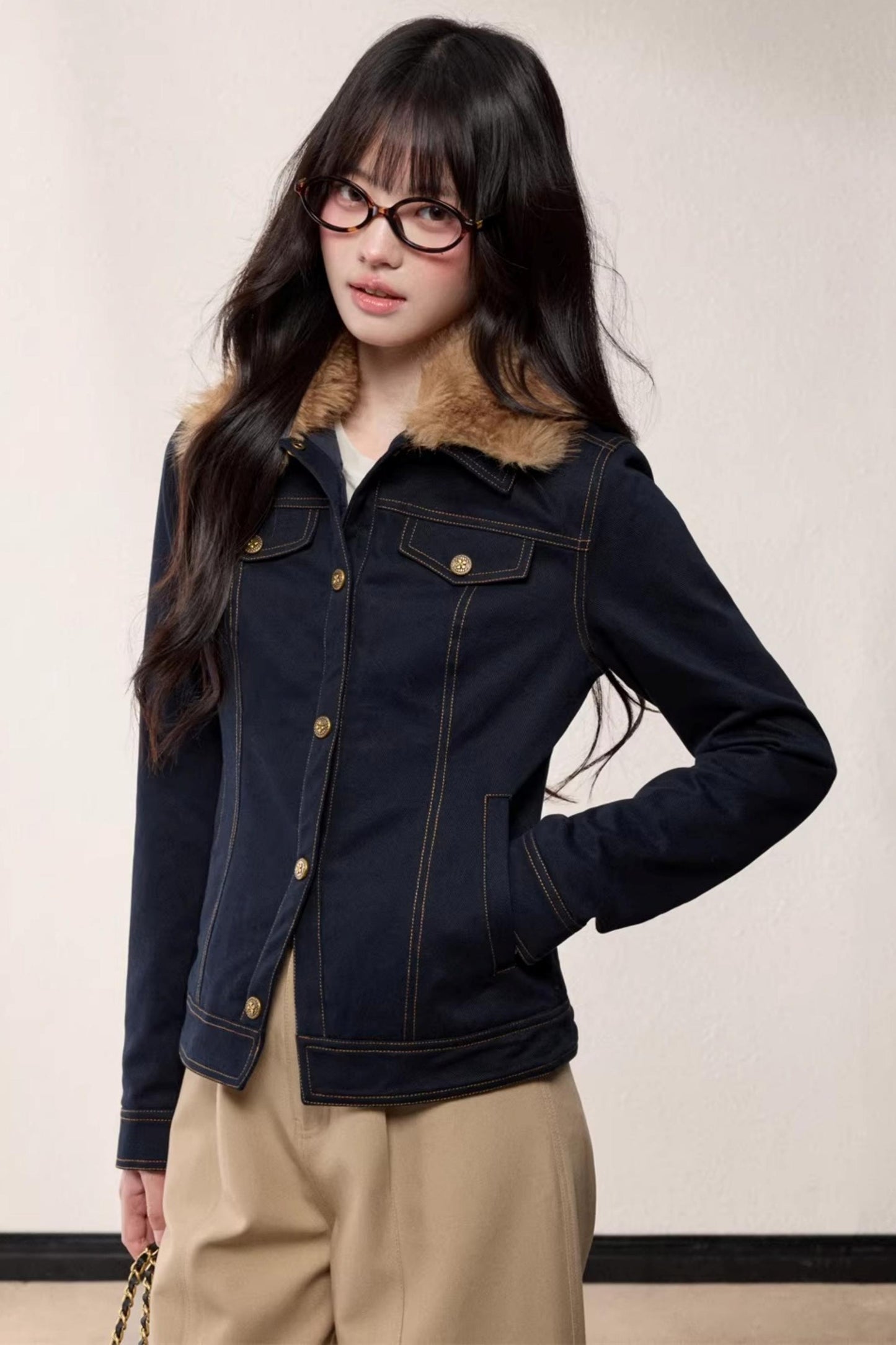 Fur Collar Patchwork Denim Jacket